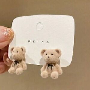 Plush light Brown Bear Stud Earrings Cute Animal Earrings